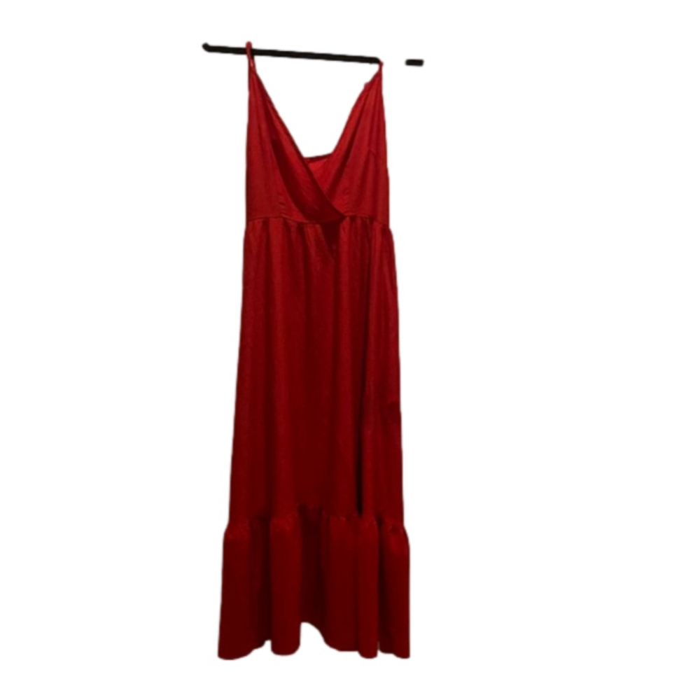 Tiered Flowy Size L Red Spaghetti Strap Maxi Dress